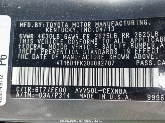 Photo 8 VIN: 4T1BD1FK2DU082707 - TOYOTA CAMRY HYBRID 