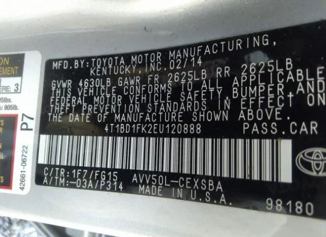 Photo 8 VIN: 4T1BD1FK2EU120888 - TOYOTA CAMRY 