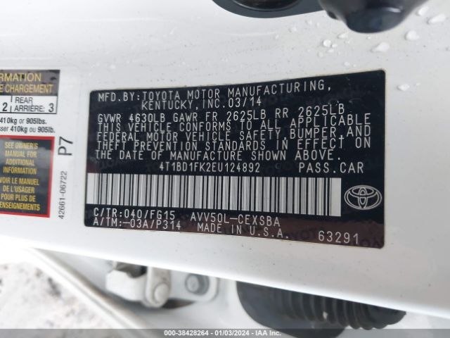 Photo 8 VIN: 4T1BD1FK2EU124892 - TOYOTA CAMRY HYBRID 