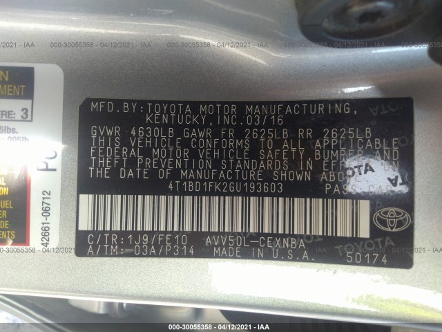 Photo 8 VIN: 4T1BD1FK2GU193603 - TOYOTA CAMRY HYBRID 