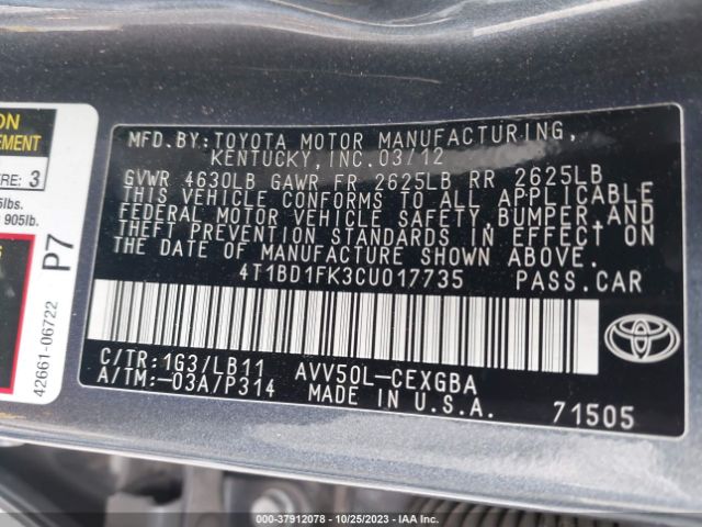 Photo 8 VIN: 4T1BD1FK3CU017735 - TOYOTA CAMRY HYBRID 