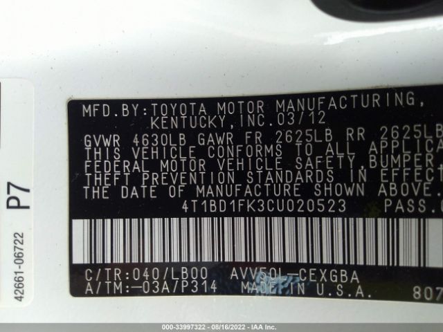 Photo 8 VIN: 4T1BD1FK3CU020523 - TOYOTA CAMRY HYBRID 