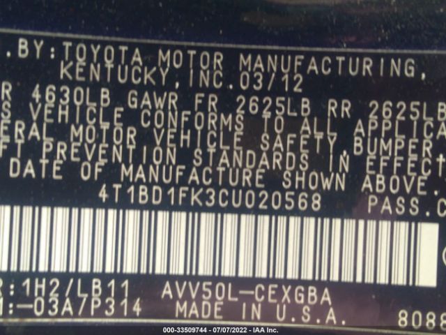 Photo 8 VIN: 4T1BD1FK3CU020568 - TOYOTA CAMRY HYBRID 