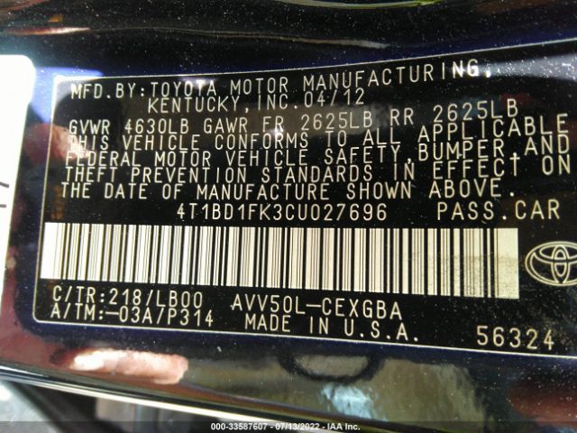 Photo 8 VIN: 4T1BD1FK3CU027696 - TOYOTA CAMRY HYBRID 