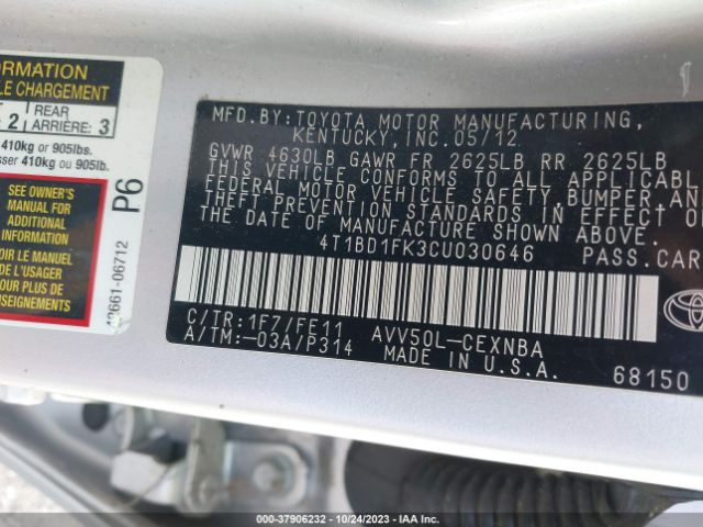 Photo 8 VIN: 4T1BD1FK3CU030646 - TOYOTA CAMRY HYBRID 