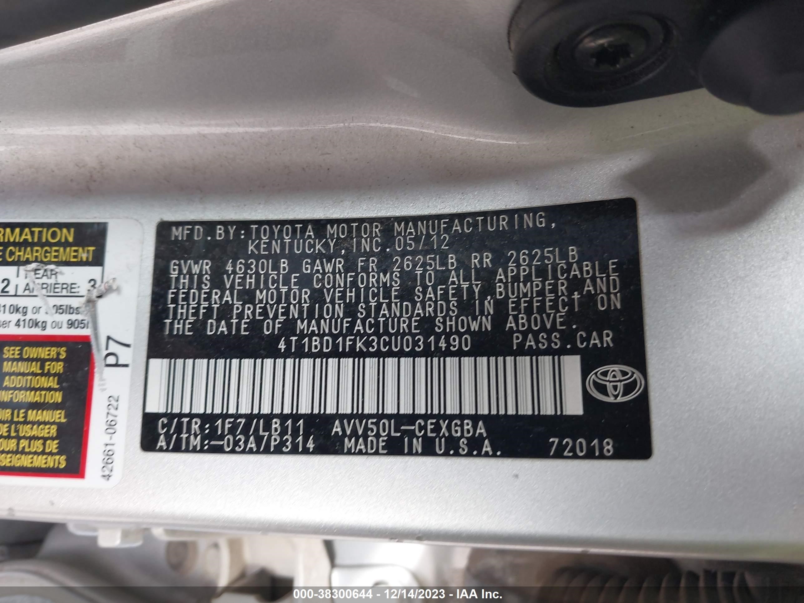 Photo 8 VIN: 4T1BD1FK3CU031490 - TOYOTA CAMRY 