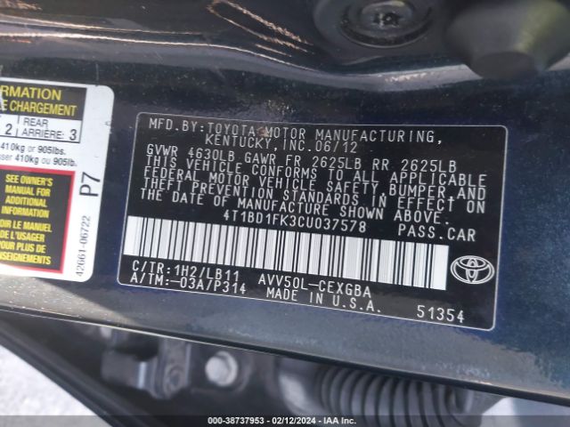 Photo 8 VIN: 4T1BD1FK3CU037578 - TOYOTA CAMRY HYBRID 