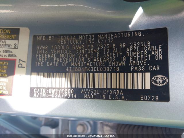 Photo 8 VIN: 4T1BD1FK3CU039718 - TOYOTA CAMRY HYBRID 