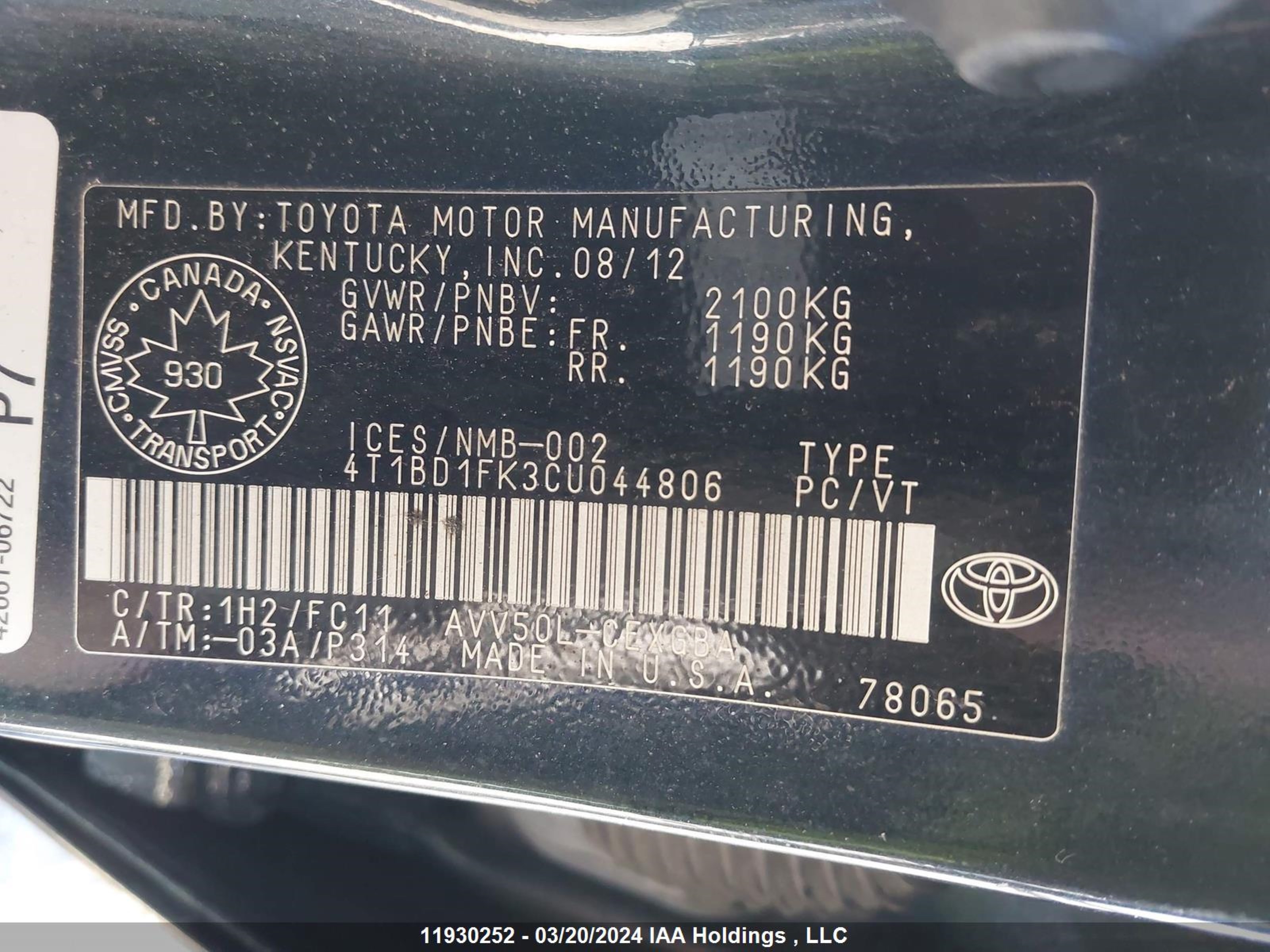 Photo 8 VIN: 4T1BD1FK3CU044806 - TOYOTA CAMRY 