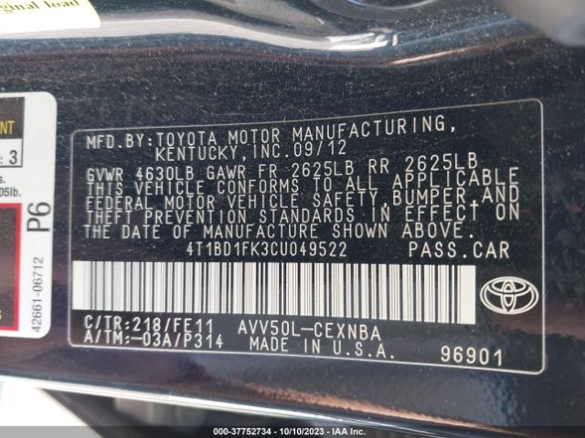 Photo 8 VIN: 4T1BD1FK3CU049522 - TOYOTA CAMRY HYBR 