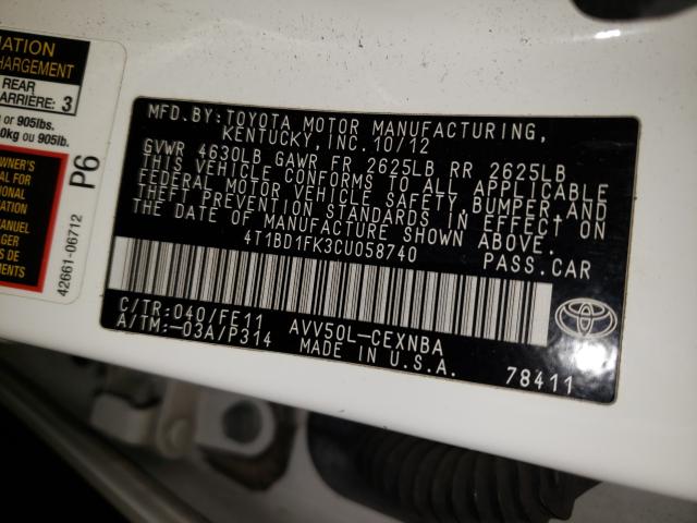 Photo 9 VIN: 4T1BD1FK3CU058740 - TOYOTA CAMRY HYBR 