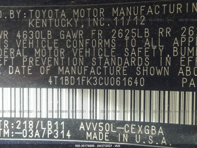 Photo 8 VIN: 4T1BD1FK3CU061640 - TOYOTA CAMRY HYBRID 