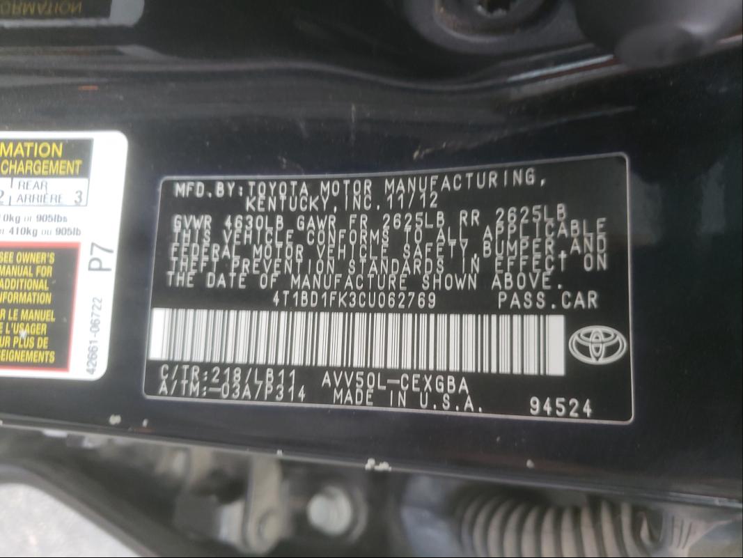 Photo 9 VIN: 4T1BD1FK3CU062769 - TOYOTA CAMRY HYBR 