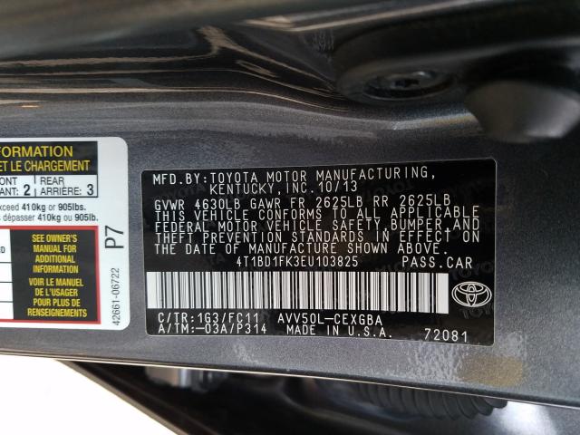 Photo 9 VIN: 4T1BD1FK3EU103825 - TOYOTA CAMRY HYBR 