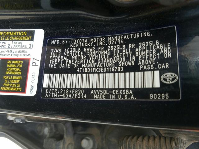 Photo 9 VIN: 4T1BD1FK3EU118793 - TOYOTA CAMRY HYBR 