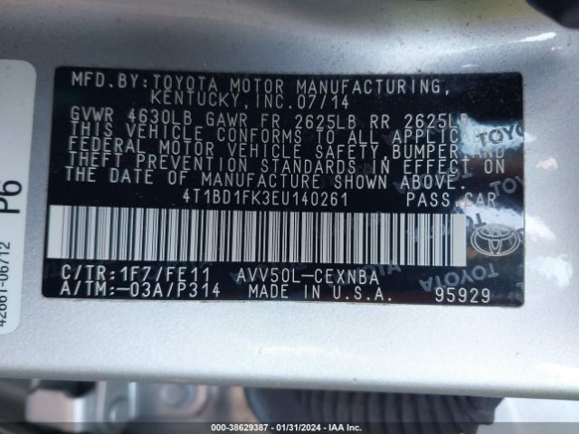 Photo 8 VIN: 4T1BD1FK3EU140261 - TOYOTA CAMRY HYBRID 