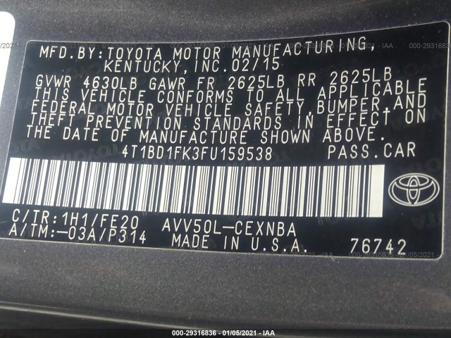 Photo 8 VIN: 4T1BD1FK3FU159538 - TOYOTA CAMRY HYBRID 