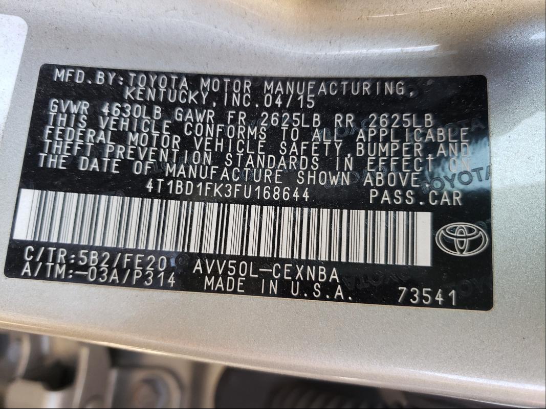 Photo 9 VIN: 4T1BD1FK3FU168644 - TOYOTA CAMRY HYBR 