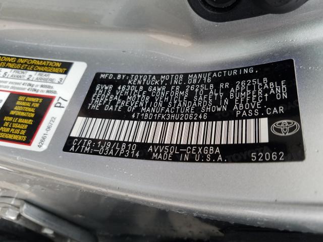 Photo 9 VIN: 4T1BD1FK3HU206246 - TOYOTA CAMRY HYBR 