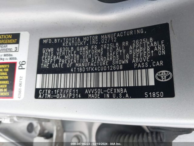 Photo 8 VIN: 4T1BD1FK4CU012608 - TOYOTA CAMRY HYBRID 