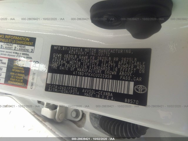 Photo 8 VIN: 4T1BD1FK4CU022958 - TOYOTA CAMRY HYBRID 