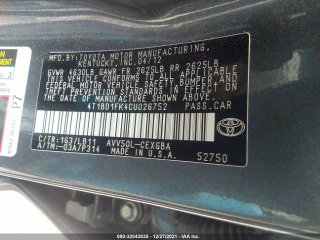 Photo 8 VIN: 4T1BD1FK4CU026752 - TOYOTA CAMRY HYBRID 