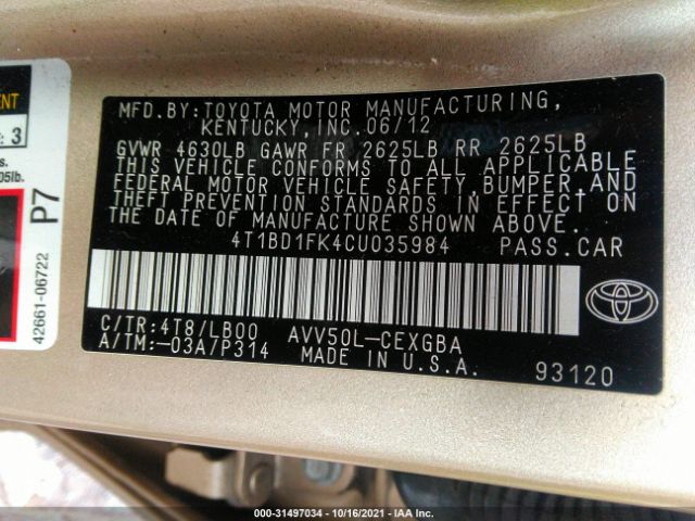 Photo 8 VIN: 4T1BD1FK4CU035984 - TOYOTA CAMRY HYBRID 