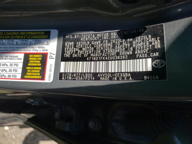 Photo 9 VIN: 4T1BD1FK4CU036262 - TOYOTA CAMRY HYBR 