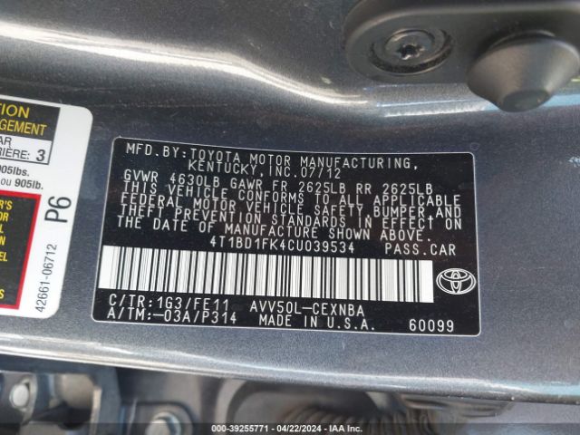 Photo 8 VIN: 4T1BD1FK4CU039534 - TOYOTA CAMRY HYBRID 