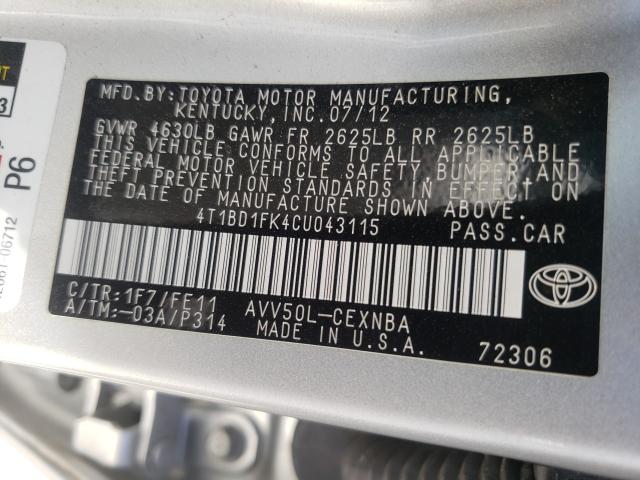 Photo 9 VIN: 4T1BD1FK4CU043115 - TOYOTA CAMRY HYBR 