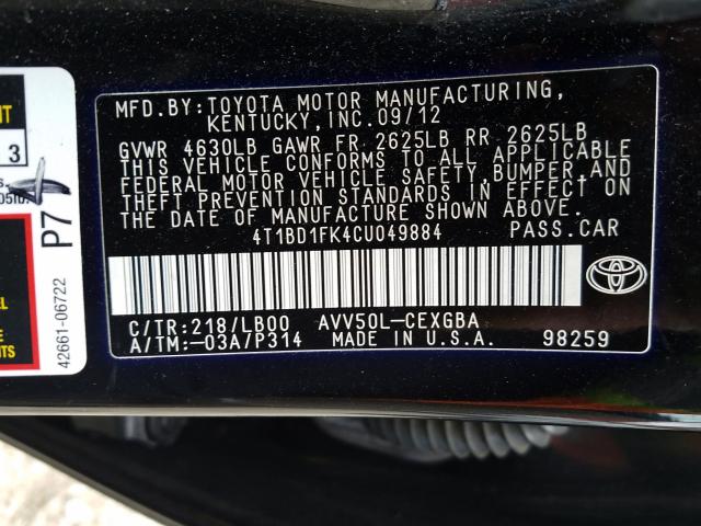 Photo 9 VIN: 4T1BD1FK4CU049884 - TOYOTA CAMRY HYBR 