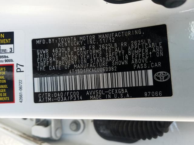 Photo 9 VIN: 4T1BD1FK4CU060982 - TOYOTA CAMRY HYBR 