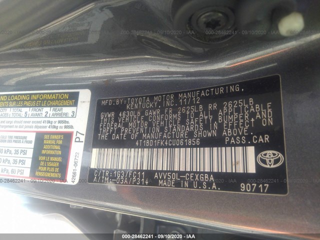 Photo 8 VIN: 4T1BD1FK4CU061856 - TOYOTA CAMRY 