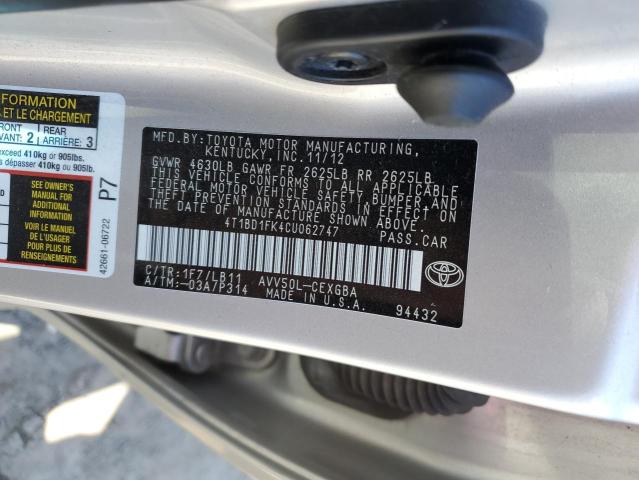 Photo 12 VIN: 4T1BD1FK4CU062747 - TOYOTA CAMRY HYBR 