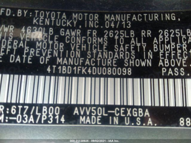 Photo 8 VIN: 4T1BD1FK4DU080098 - TOYOTA CAMRY HYBRID 