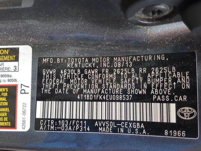 Photo 9 VIN: 4T1BD1FK4EU098537 - TOYOTA CAMRY HYBR 