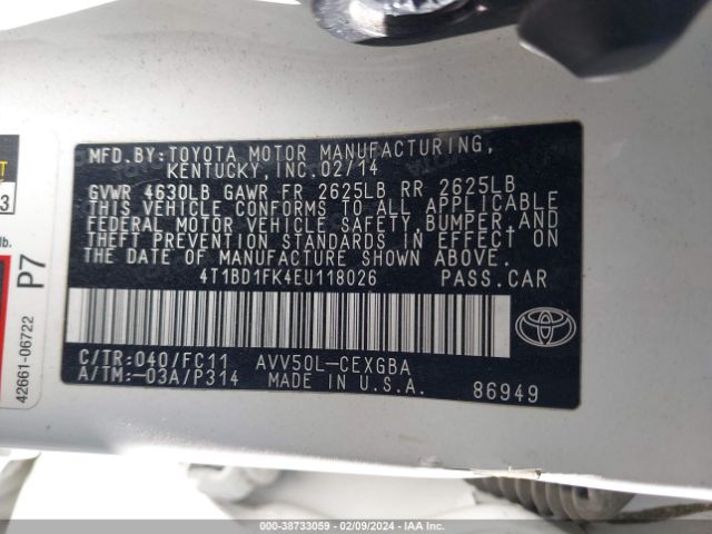 Photo 8 VIN: 4T1BD1FK4EU118026 - TOYOTA CAMRY HYBRID 