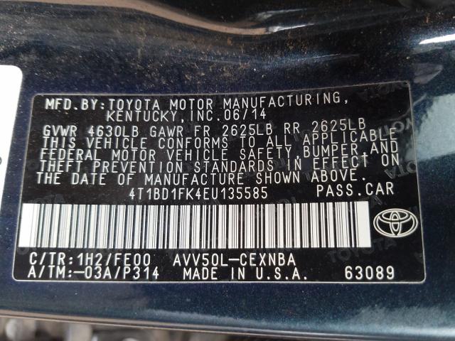 Photo 9 VIN: 4T1BD1FK4EU135585 - TOYOTA CAMRY HYBR 