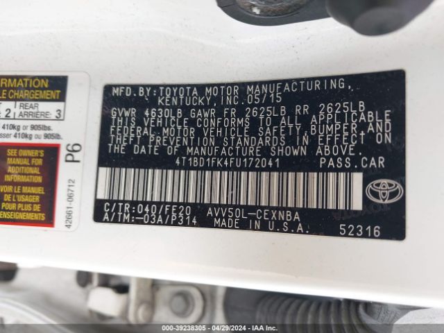 Photo 8 VIN: 4T1BD1FK4FU172041 - TOYOTA CAMRY HYBRID 