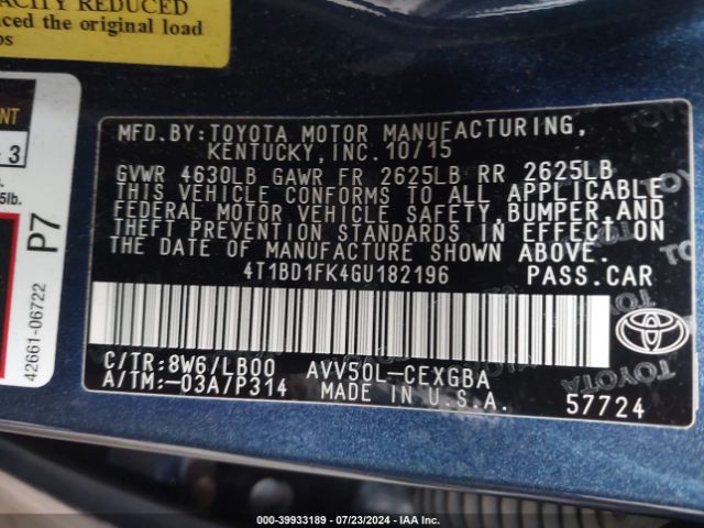 Photo 8 VIN: 4T1BD1FK4GU182196 - TOYOTA CAMRY 