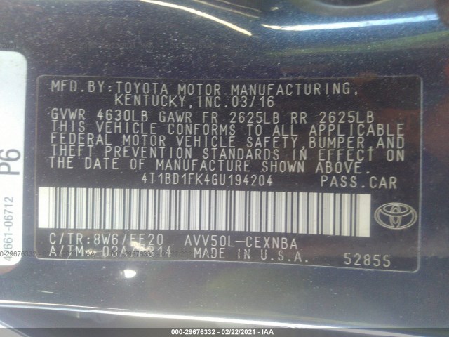 Photo 8 VIN: 4T1BD1FK4GU194204 - TOYOTA CAMRY HYBRID 