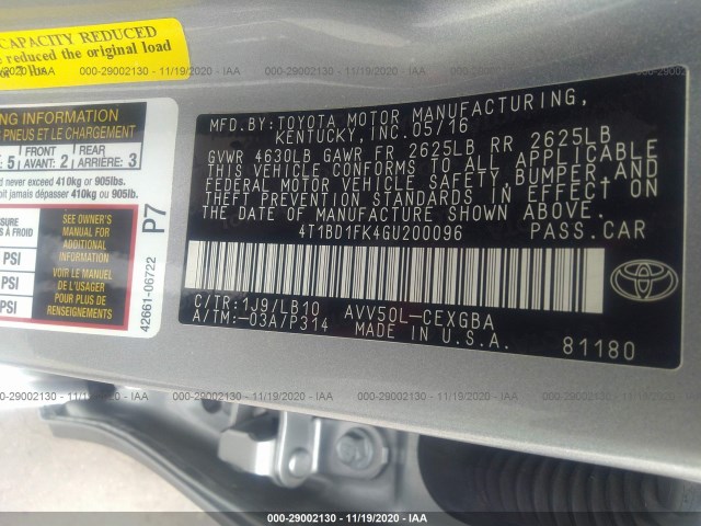 Photo 8 VIN: 4T1BD1FK4GU200096 - TOYOTA CAMRY HYBRID 