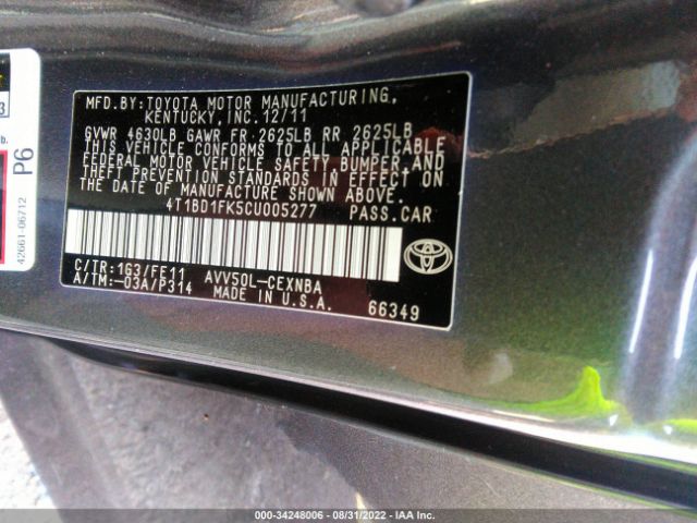 Photo 8 VIN: 4T1BD1FK5CU005277 - TOYOTA CAMRY HYBRID 