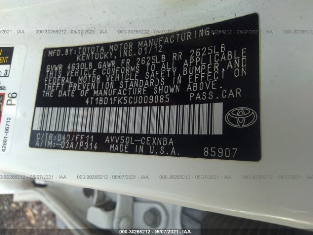 Photo 8 VIN: 4T1BD1FK5CU009085 - TOYOTA CAMRY HYBRID 