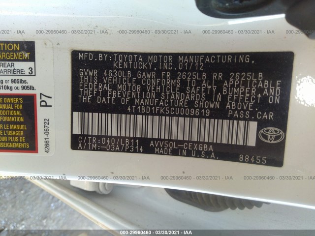 Photo 8 VIN: 4T1BD1FK5CU009619 - TOYOTA CAMRY HYBRID 