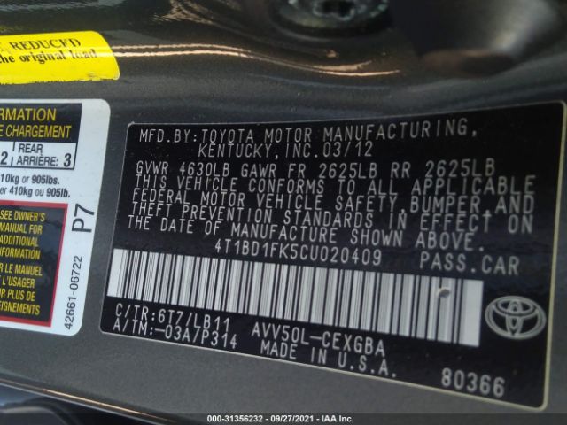 Photo 8 VIN: 4T1BD1FK5CU020409 - TOYOTA CAMRY HYBRID 