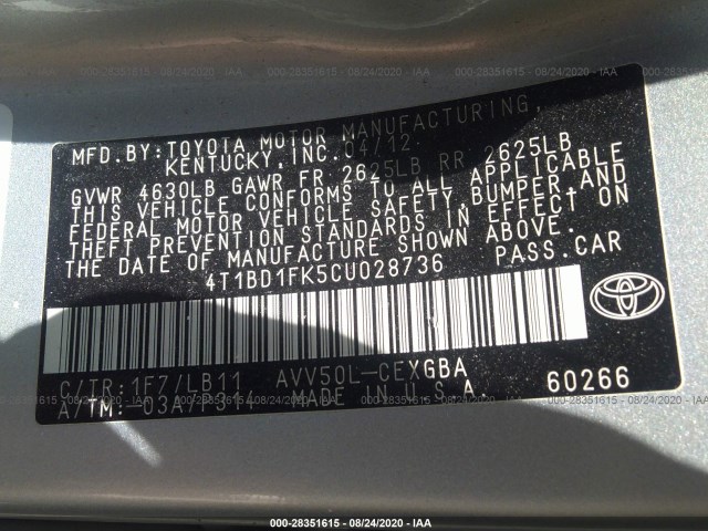 Photo 8 VIN: 4T1BD1FK5CU028736 - TOYOTA CAMRY HYBRID 