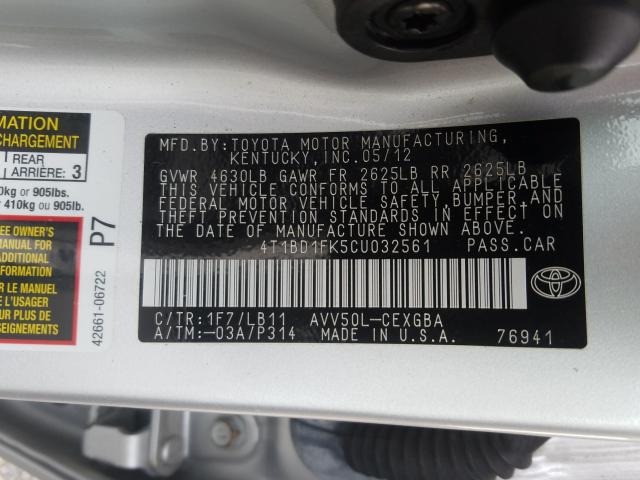 Photo 9 VIN: 4T1BD1FK5CU032561 - TOYOTA CAMRY HYBR 