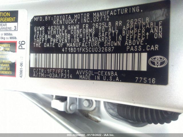 Photo 8 VIN: 4T1BD1FK5CU032687 - TOYOTA CAMRY HYBRID 