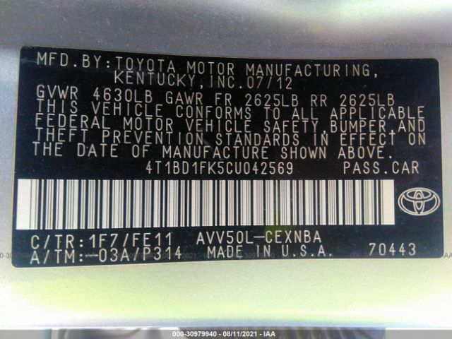 Photo 8 VIN: 4T1BD1FK5CU042569 - TOYOTA CAMRY 